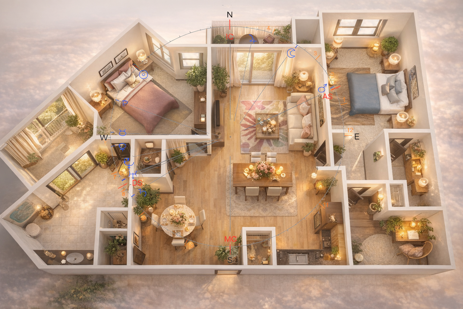 3D rendering of a two-bedroom apartment showcasing living space and layout.